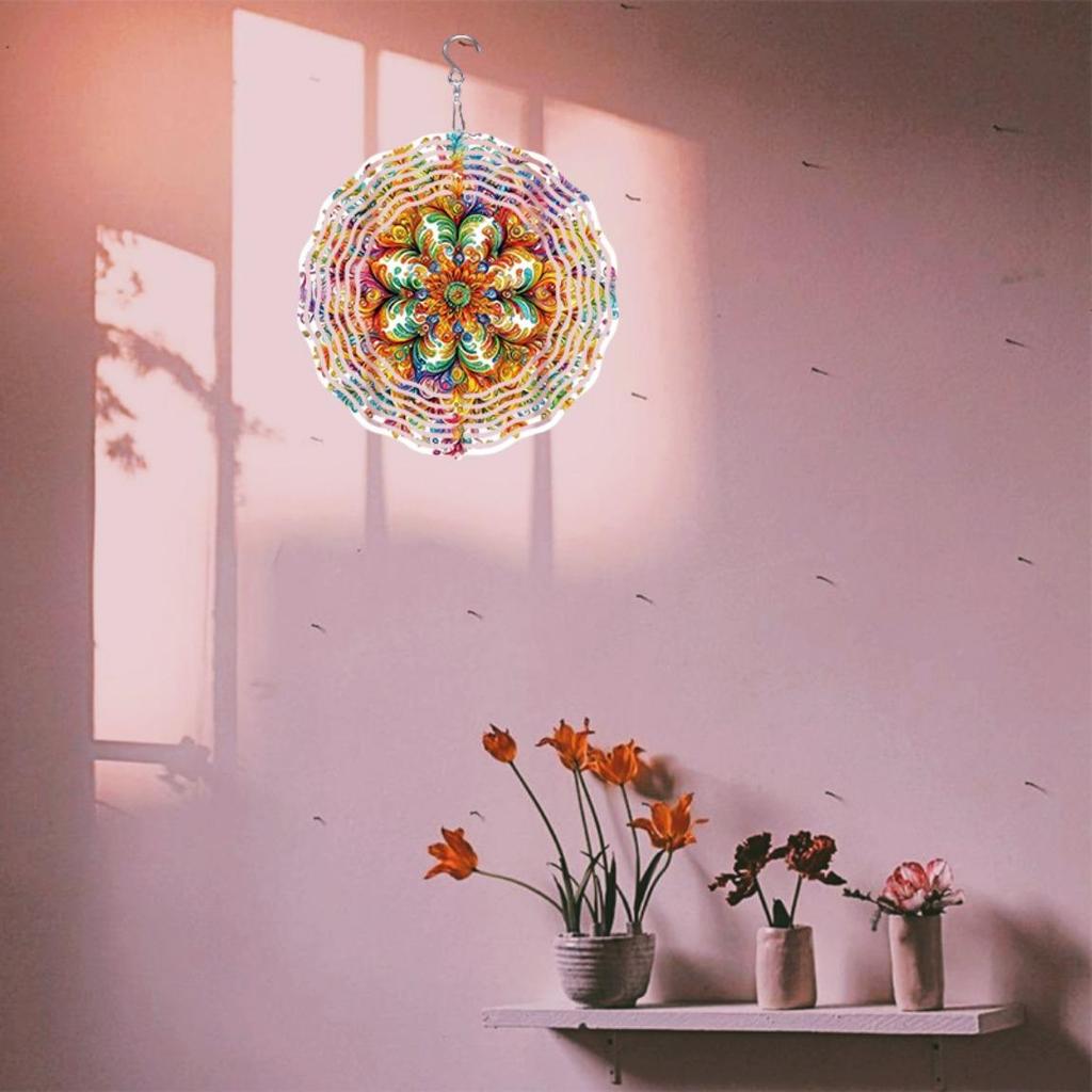 Яркий 3D Металлический Колокольчик Ветра для Садового Декора на Открытом Воздухе Прочная Анодированная Ветряная Мельница с Цветными Лентами Дизайн Западносибирской Мандалы