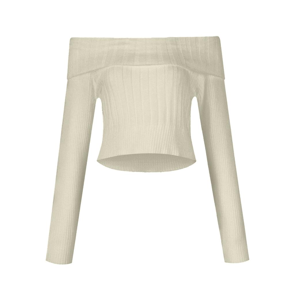 Женская мода, повседневный однотонный сексуальный плиссированный тонкий топ с прямыми плечами, новый сексуальный вязаный свитер с одним вырезом и длинными рукавами