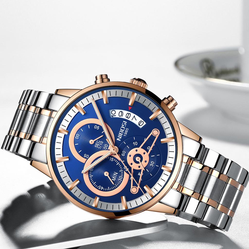 NIBOSI новые мужские часы с твердым стальным ремешком, водонепроницаемые кварцевые часы со стеклом и покрытием, светящиеся в темноте, 3 глаза, 6 контактов