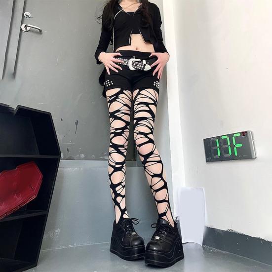 Женские колготки, асимметричные, в стиле панк, готики, с рваными дырками, горячие девушки, вечеринка в ночном клубе, узкие эластичные однотонные женские цельные длинные чулки