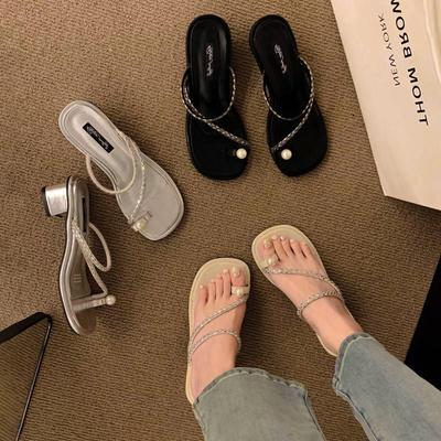 Темпераментные шлепанцы с камнями, женская летняя обувь 2025, высокие каблуки, для выхода в свет с юбками, сандалии с перемычкой для пальцев