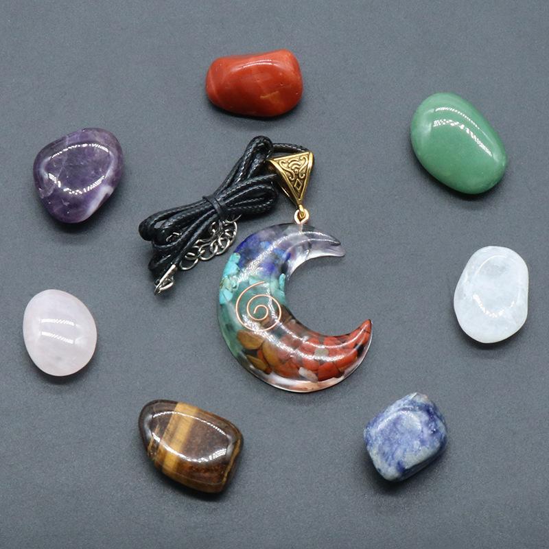 Rainbow Chip Stone Resin Moon Star Necklace 7pcs Irregular Boxed Set Chakra Healing Gemstone Yoga Jewelry