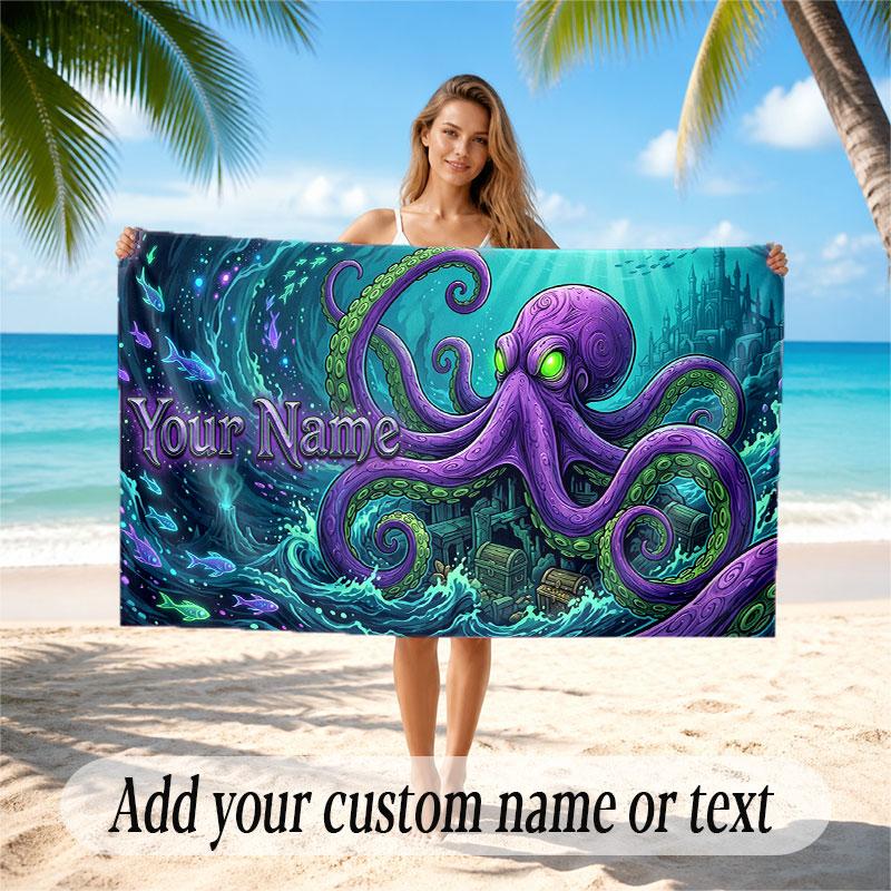 Octopus Sea Life Theme Soft Beach Towel Personalized Custom Name Text Towel Portable for Beach Pool Travel