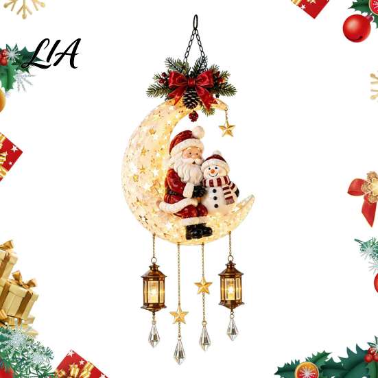 Decorative Iron Lamp Christmas Santa Moon Hanging Lamp, LED Lighted Ornament, Claus Decor Glowing Atmosphere Light for Wall Window Porch Creative