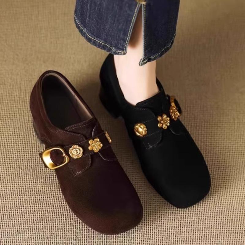 Металлическая Пряжка Блок Каблук Однотонная Обувь Мода Квадратный Носок Глубокий Вырез Замша Нескользящая Износостойкая Каблуки-Киттен