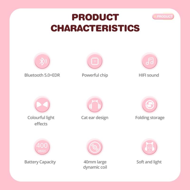 Cute Cat Ear Gaming Headset Wireless Earphone Foldable LED Luminous Noise Bluetooth 5.0 Stereo Bass Headphones With Mic TF FM Kid Girl
