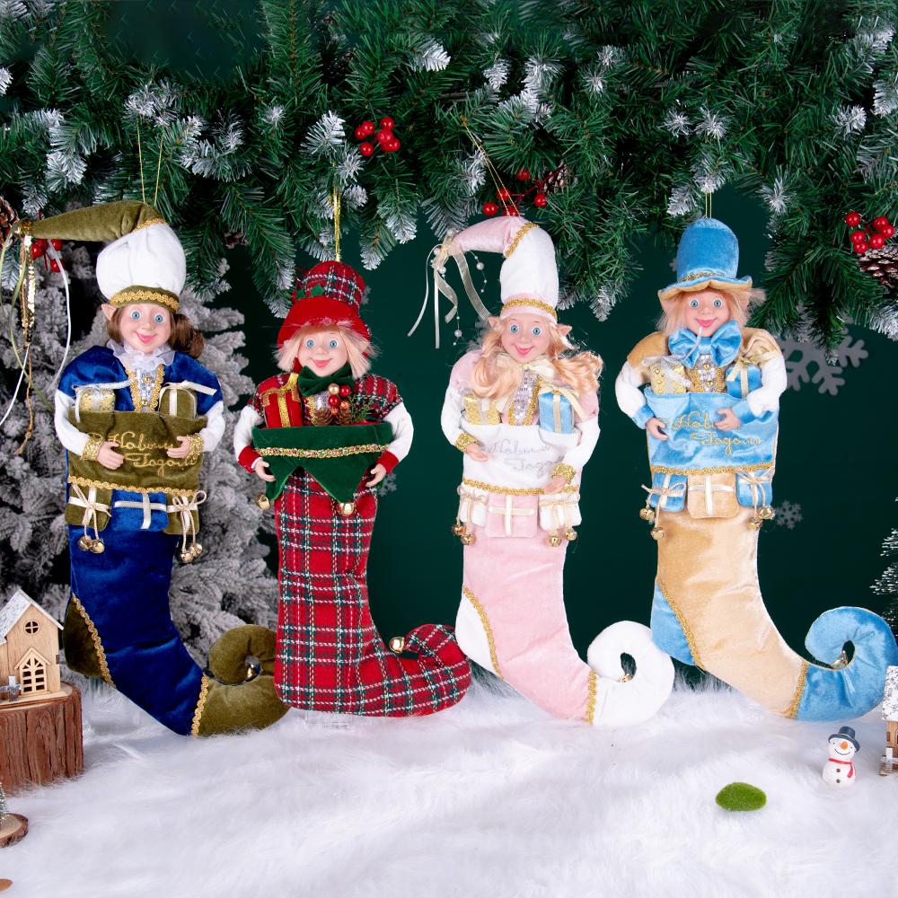 42CM Christmas Stocking Large Rustic Santa Claus Sock with Bells Xmas Tree Fireplace Hanging Ornament Christmas Home Decorations