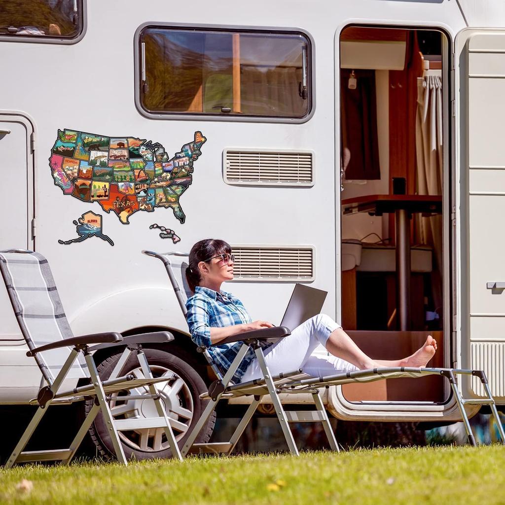 RV State Travel USA Map Sticker, United States Vinyl RV Travel Camper Trailer Map Sticker Of America Waterproof Decals For Window Door Wall, USA Road
