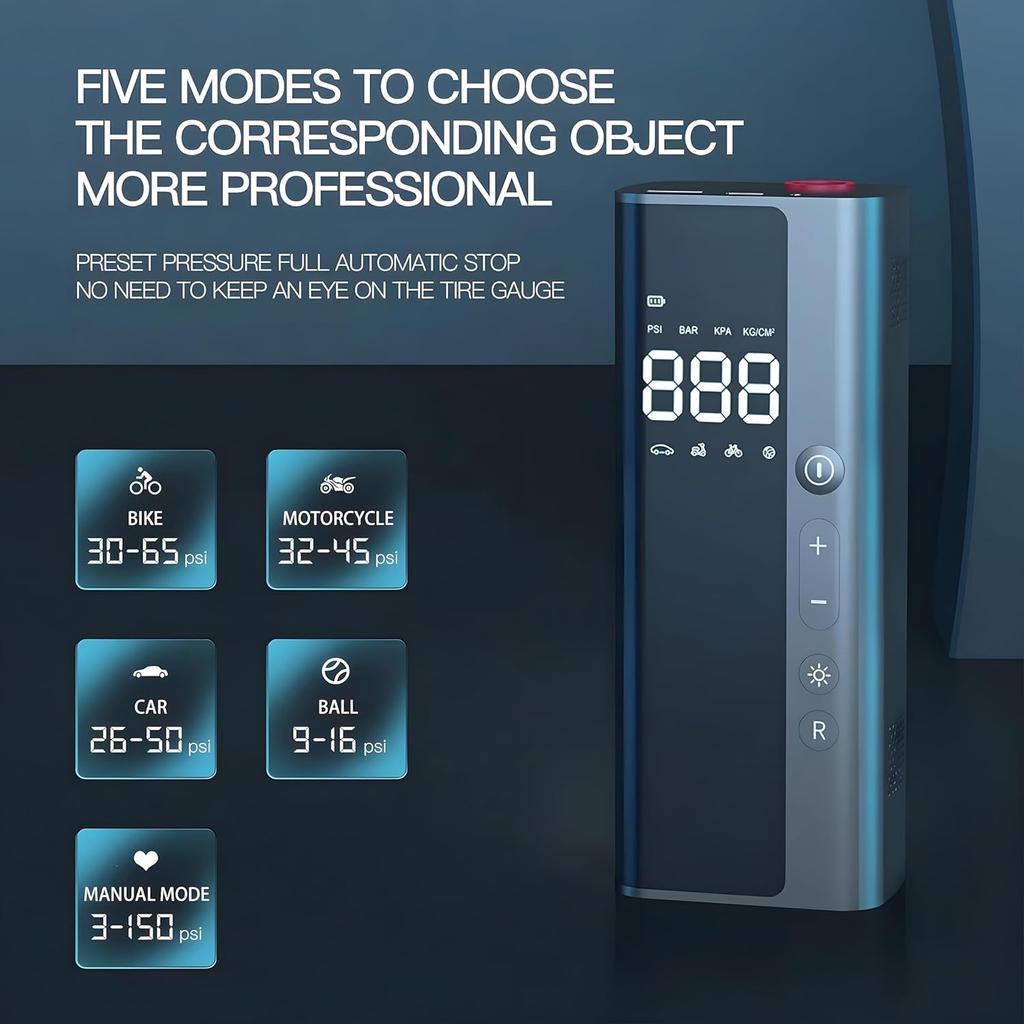 Воздушный компрессор для автомобиля, портативный насос для накачивания шин для велосипеда, грузовика, мотоцикла, беспроводной ЖК-экран 150 фунтов на квадратный дюйм, зарядное устройство для телефона Power Bank на 8000 мАч
