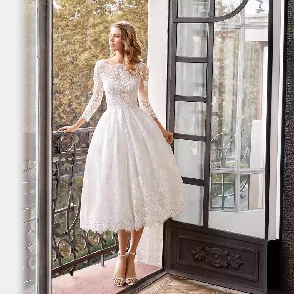Весенне-летнее новое платье, облегающее свадебное платье с длинными рукавами, платье средней длины