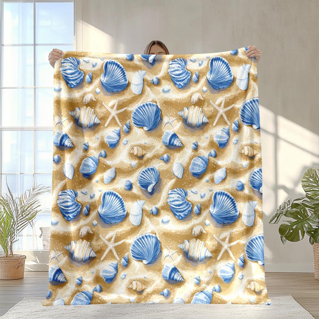 Beach seashell pattern flannel blanket soft and warm perfect for sofas beds chairs camping and as a holiday gift for boys