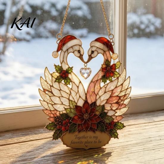 Love Symbol Home Decor Stained Glass Style Swan Pendant, Decorative Acrylic Suncatcher for Window Car Hanging Ornament And Christmas Tree Ornament,