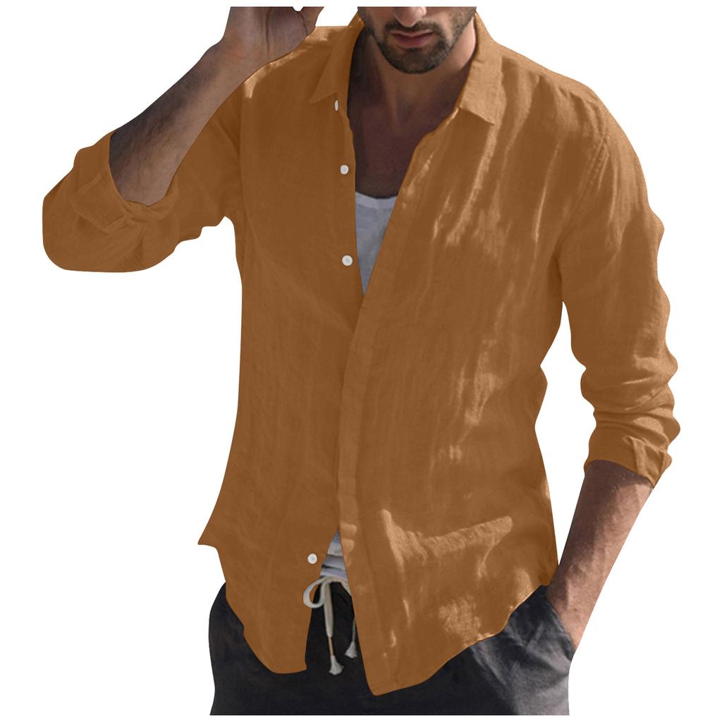 Мужская рубашка с воротником-стойкой, пляжная повседневная однотонная дышащая футболка с длинным рукавом, блузка