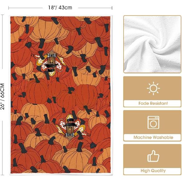 Artoid Mode Orange Pumpkin Turkey Thanksgiving Kitchen Towels Dish Towels, 18x26 Inch Farmhouse Holiday Decoration Cleaning Set of 2