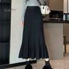 Women Knitting Skirt High-Waisted Solid Color Pleated Skirt Ruffle Stitching Hem Hip Wrapped Skirt Autumn Winter Midi Skirt