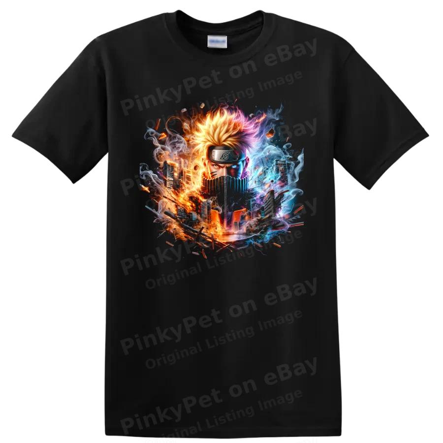 Uzumaki Anime T Shirt Fire Ice Cityscape Graphic Fan Art Tee Gift Wear