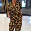 New Leopard Print Jumpsuit Women Retro Women Short Sleeve Button Casual Pants Loose Large Size