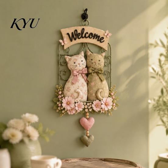 Modern Home Wall Art Floral Cat Couple Welcome Sign, Wooden Hanging Ornament, Pastoral Decorative Ornament for Plaque Living Room Bedroom & Farmhouse
