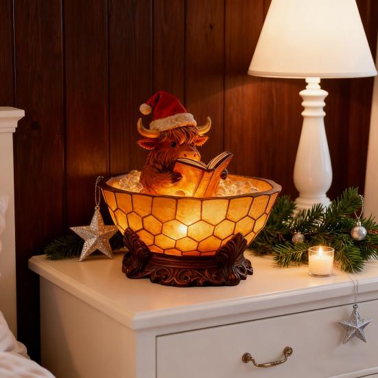 Highland Cow Bubble Bath Night Light Cute Highland Cow Reading Book Lamp 3D Resin Bathtub Highland Cow Sculpture for Indoor Desk Table Shelf Fireplace