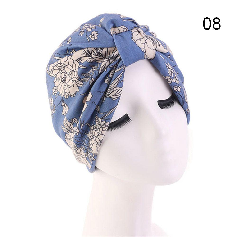 Knot Pleated Cotton Floral Print Turban Hat Head Cover Wrap Hat Soft Bonnet Sleep Night Cap