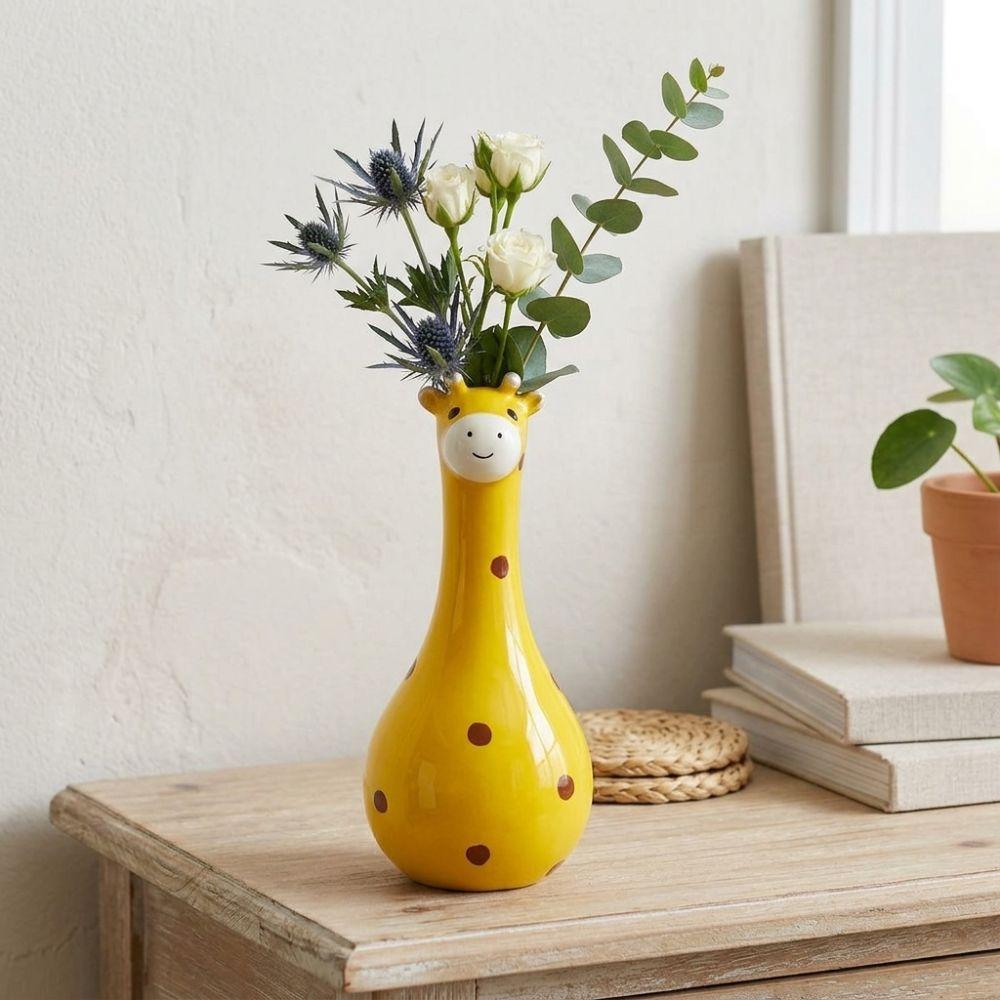 Hand Painted Cartoon Giraffe Resin Vase Novelty Cute Animal Flower Holder Desktop Decor