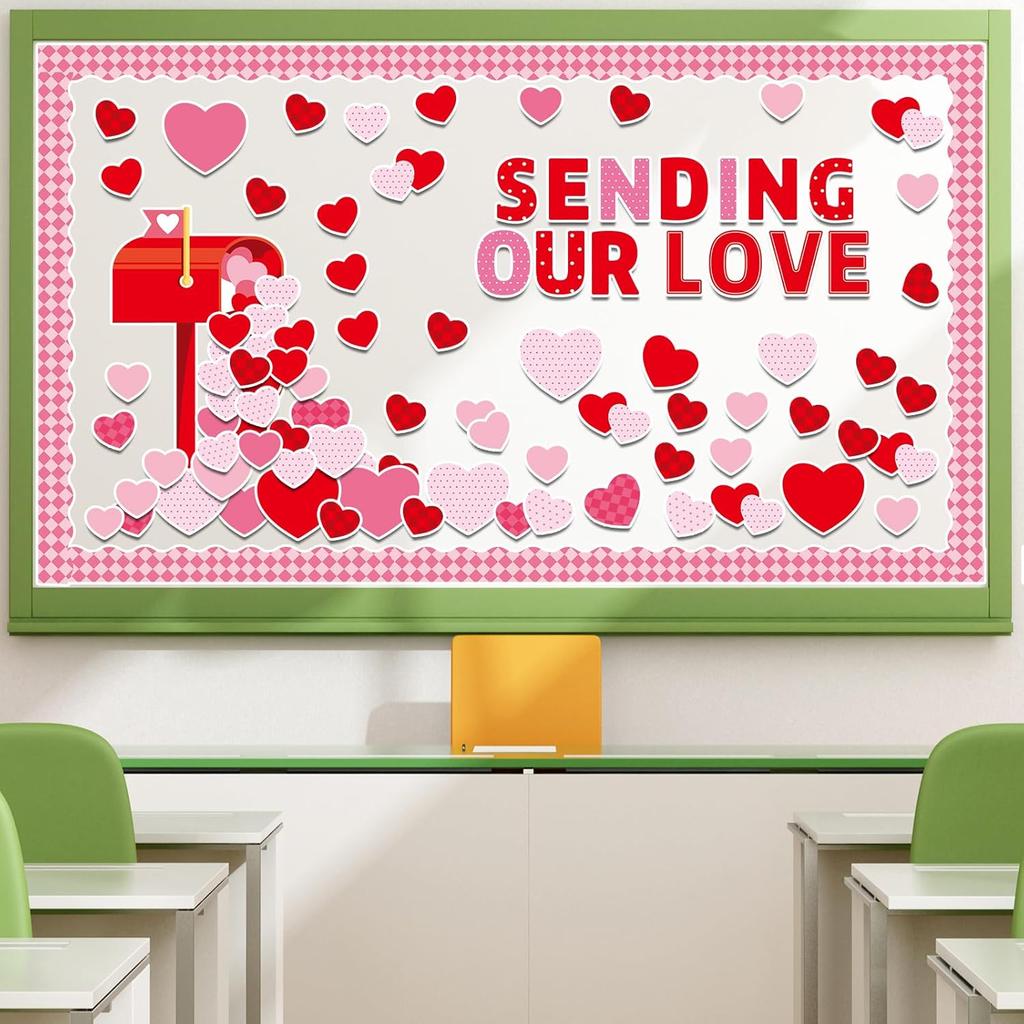 89PCS Valentine's Day Bulletin Board Decoration Set Heart Bulletin Board Borders Sending Our Love Cutouts for Bulletin Board Happy Valentine's Day