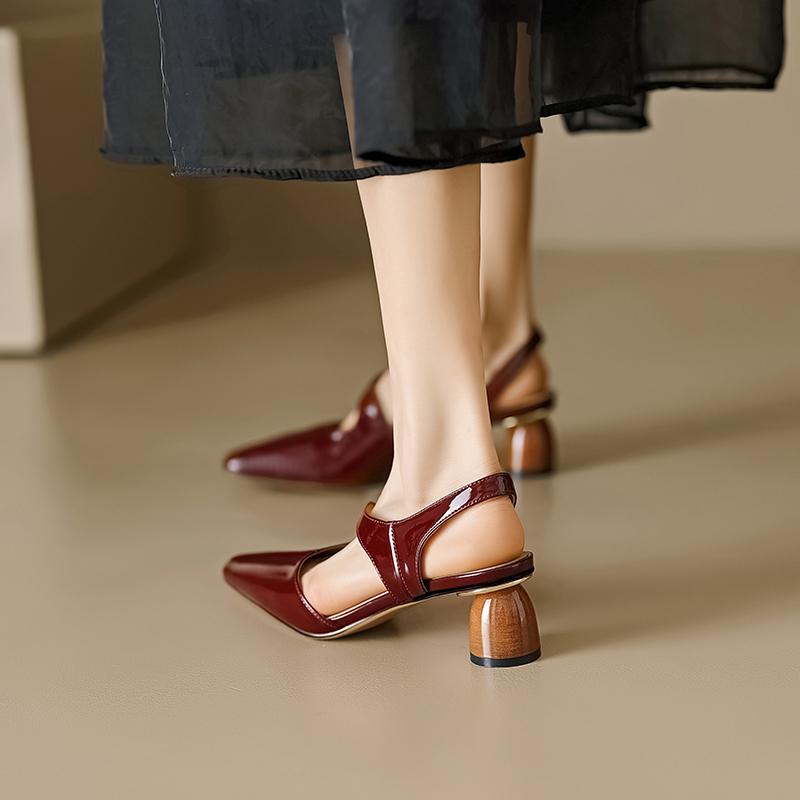 New Summer Women Sandals Patent Leather Shoes for Women Square Toe Chunky Heel Shoes Elegant Cover Toe Slingback Hollow Sandals