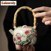 210ml Antique Ru Kiln Teapot Elegant Nine Peach Bamboo Handle Beam Pot Tea Soaking Kettle Chinese Tea Set Supplies Decoration