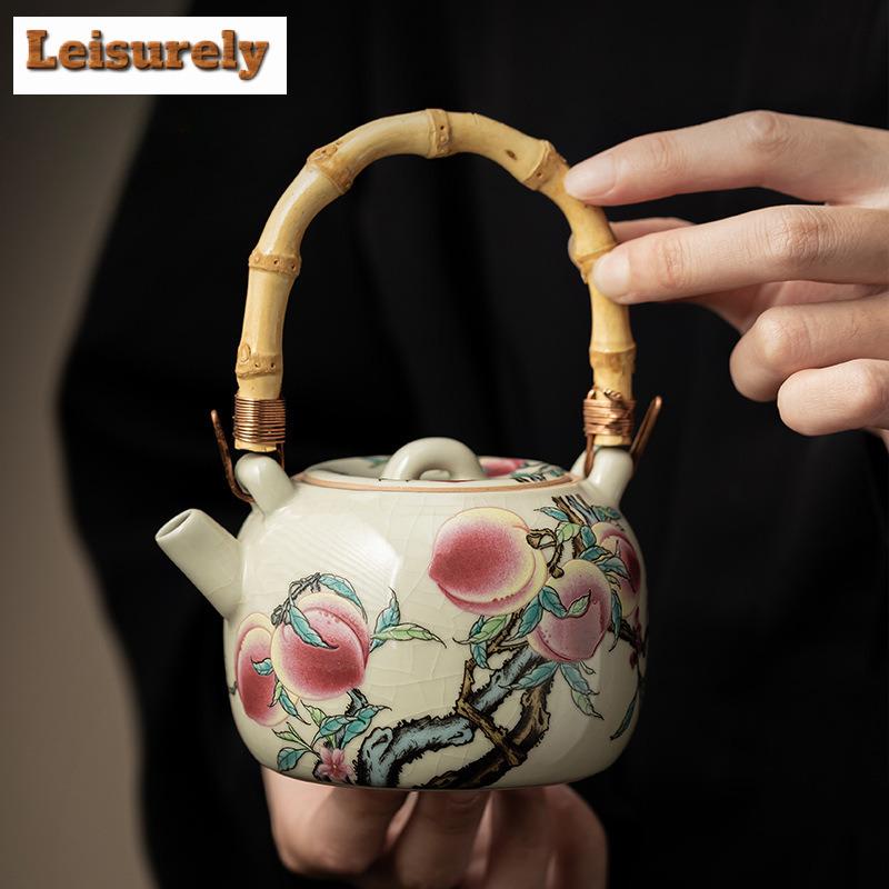 210ml Antique Ru Kiln Teapot Elegant Nine Peach Bamboo Handle Beam Pot Tea Soaking Kettle Chinese Tea Set Supplies Decoration