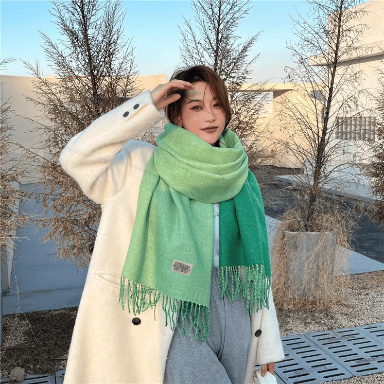 2024 Autumn/Winter New Thickened Warm Solid Color Double Sided Two Tone Tassel Imitation Cashmere Scarf, High Grade Shawl Neck