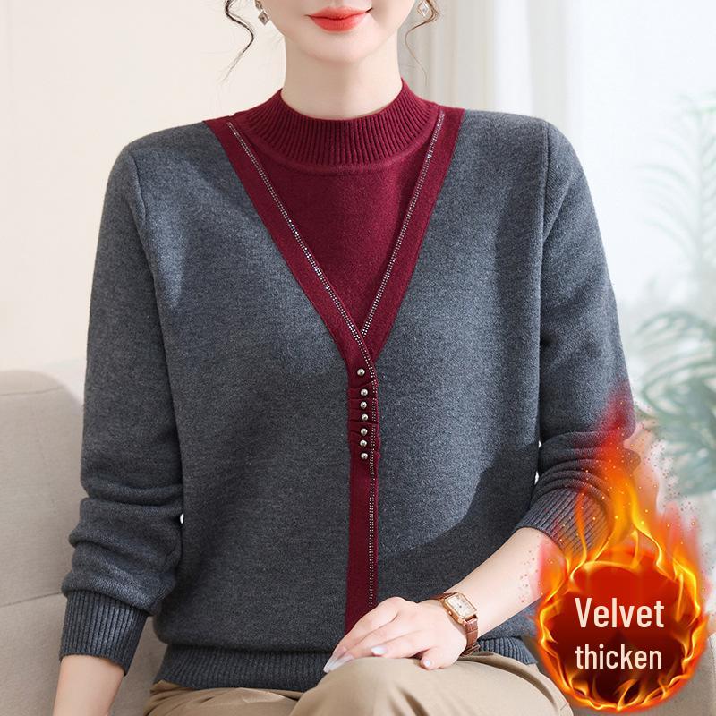 Mom's Red Fleece-Lined Winter Sweater - Perfect for New Year & Spring Festival for Middle-Aged and Elderly Women