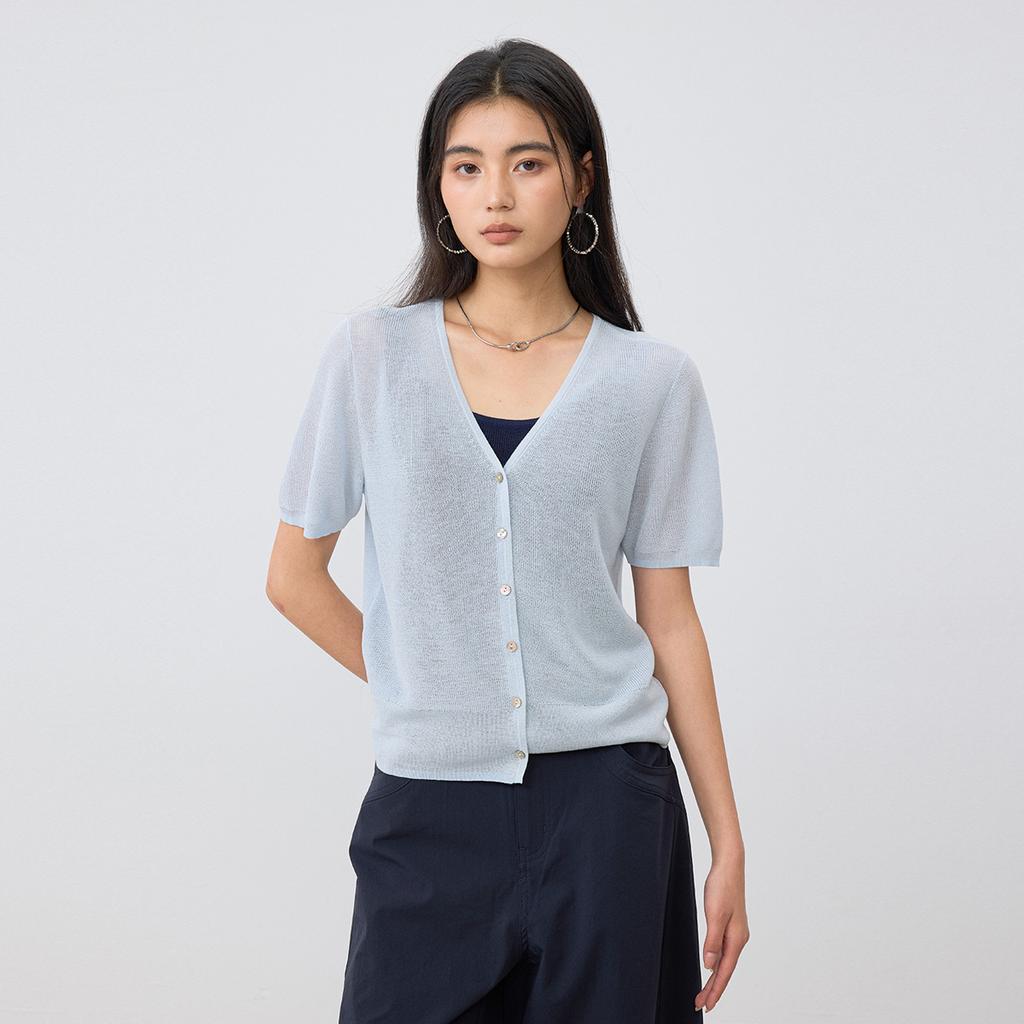 V-neck short sleeved knitted cardigan for women in summer 2026, thin design, Tencel breathable casual air conditioning shirt, outerwear top