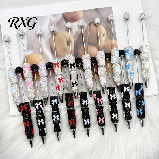 Rhinestone Ballpoint Pen Glitter Beadable Pen, Bow Beaded Handmade DIY Decorative Ink Bling Black Pens for Making, School Office Supplies Sweet Style