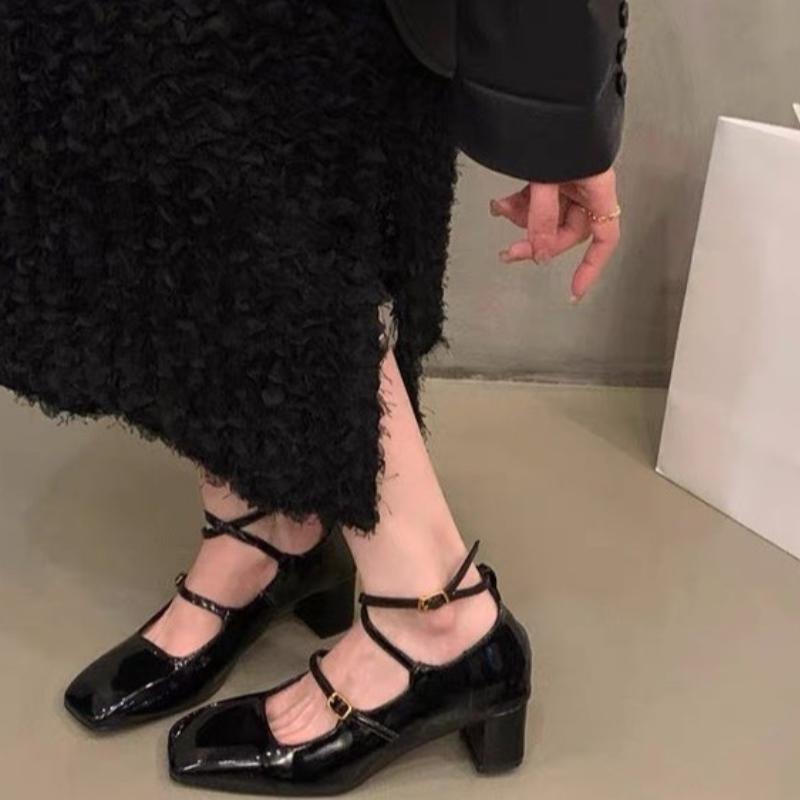 Fashion Square Toe Banquet Mary Janes 2024 Summer New Casual Thick High Heel Cross Buckle Strap Pumps Fashion Women Shoes