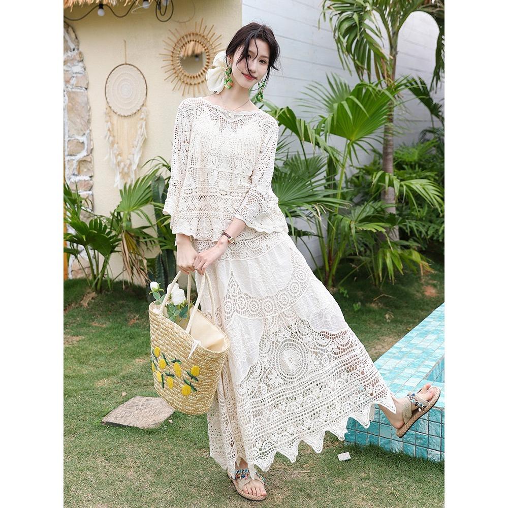 Dimanaf 2025 Женский новый костюм юбка вязаный пляжный короткий рукав кружевной ажурный сексуальный О-образный вырез ажурный летний стиль топы футболки свободные базовые