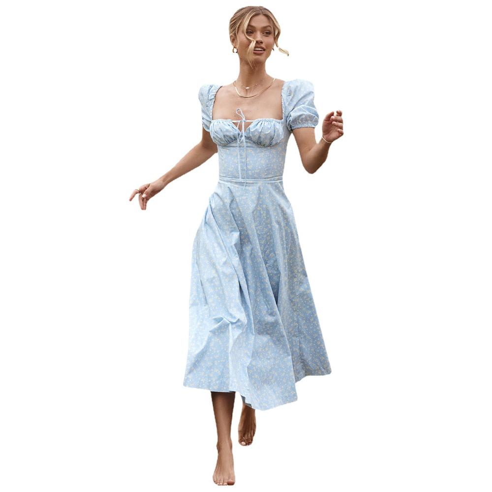 Летнее женское платье, модное длинное платье с пузырьковыми рукавами, U-образным вырезом и цветочными завязками