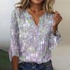 Женские топы Свободная повседневная футболка с v-образным вырезом и блестками с расклешенными рукавами и принтом с семью рукавами