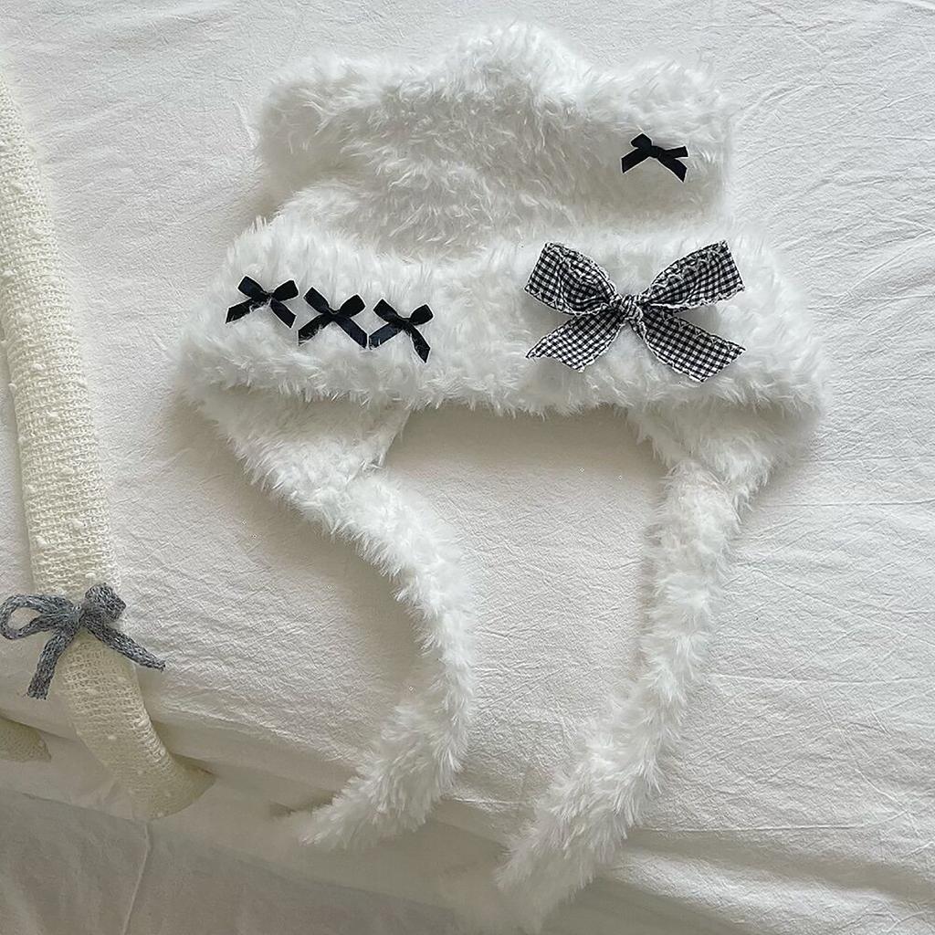 Cute Girls Bowknot Bear Ear Earflap Beanie Windproof Trapper Hat Ear Protector Hat Adult Winter Cycling Skiing Supplies