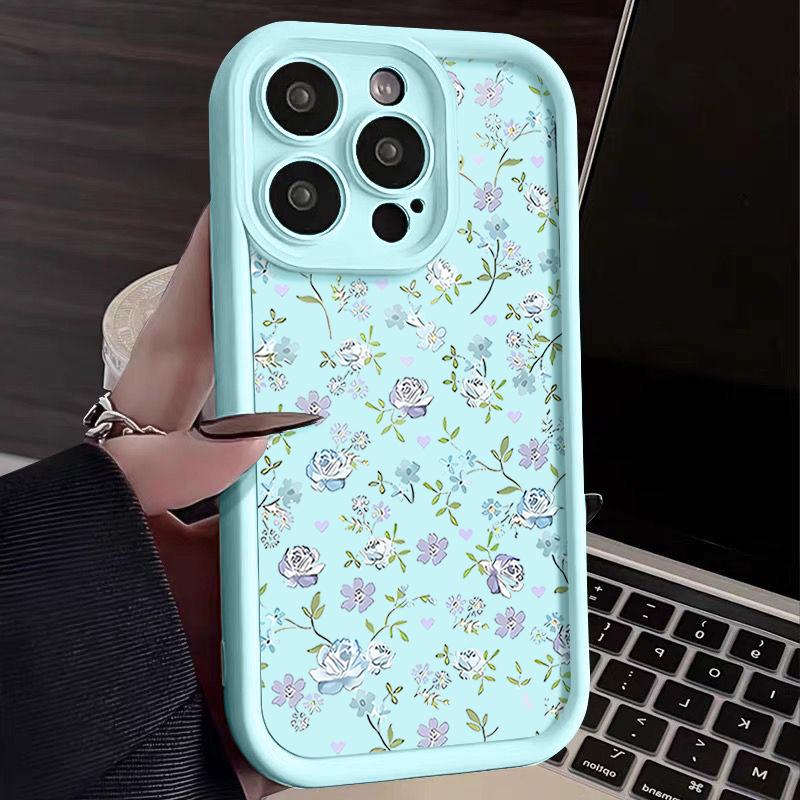 Синий матовый чехол для телефона с цветочным узором для iPhone 16 Pro Max 15 Pro 14 13 12 11 XS XR 8 7 защита линз TPU противоударный мягкий силиконовый бампер чехол