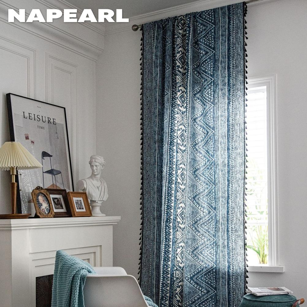 1 шт. NAPEARL Bohemian Style Blue Geometric Print Warm с бахромой, полузатемняющие шторы для небольших окон, балкона, домашний декор