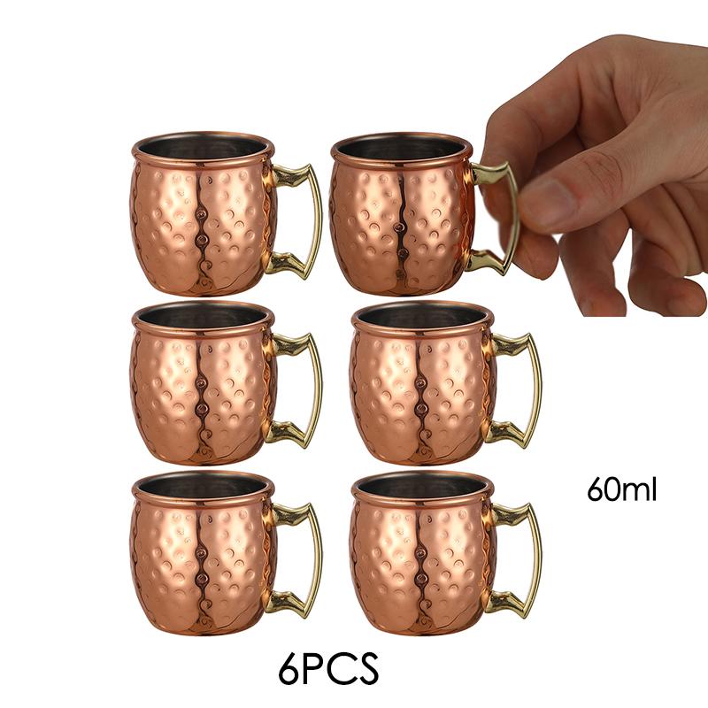 6 шт. Мини-кружки Moscow Mule с чеканкой, эспрессо-кружки, рюмки: Милые чашки 2 унции для мини-бара | Набор из 6 штук - Покрытие медью
