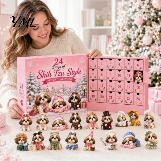 Creative Christmas Room Decor Shih Tzu Advent Calendar, 24-Day Countdown Toy Set with Mini Dog 24 Day Festive Decoration Figures, Tree Hanging Decor,
