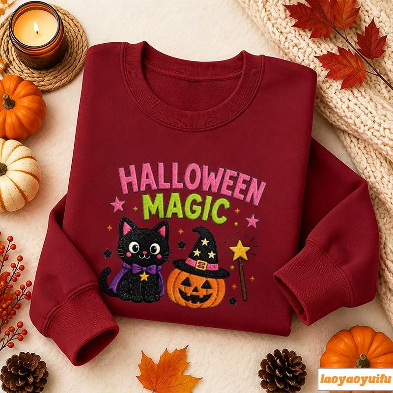 Halloween Magic Cute Black Cat Witch Hat Pumpkin Magic Wand Star Print Pullover Casual Loose Streetwear Holiday Sweatshirts Tops