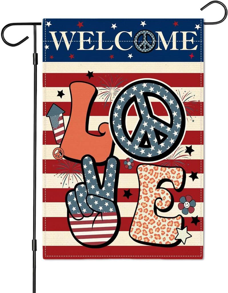 Welcome Love Peace Patriotic Garden ag, 4th of July USA ag Leopard Print Peace Sign Yard Decor, Double Sided 12x18 Inch PPZ