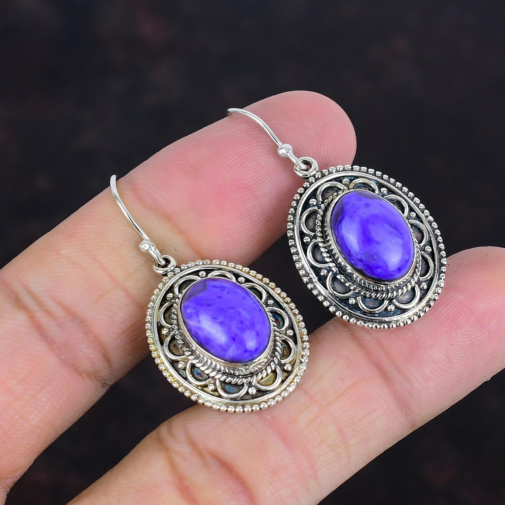 Серьги из чароита, натуральные драгоценные камни, винтажные серьги, новейшие дизайнерские украшения, серьги из стерлингового серебра 925 пробы, серьги ручной работы, подарки для жены