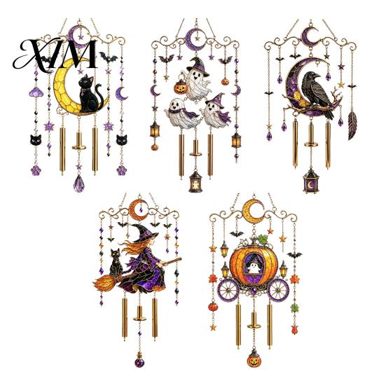 Bat Moon Themed Decor Halloween Stained Glass Style Wind Chime, Acrylic Suncatcher Hanging Ornament with Ghost Black Cat Raven Witch Festive