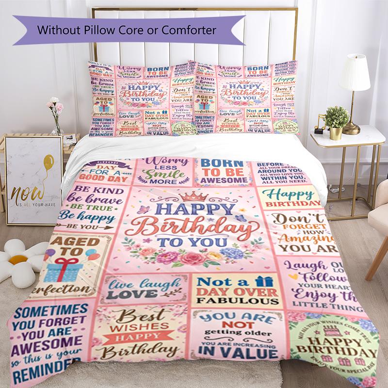 Happy Birthday Wishes 3‑Piece Bedding Set,Soft Duvet Cover with 22 Pillowcases,Multi‑Scene Home Dorm Use,Ideal Gift for Birthday & Holiday