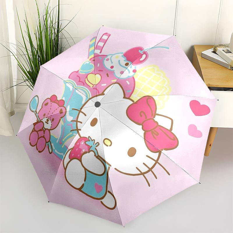 1pc Hello Kitty Ice Cream Sundae with Pink Bow Automatic Opening Umbrella, Portable Folding Design, 8-Bone Iron Frame Outdoor Umbrella, Perfect Gift f