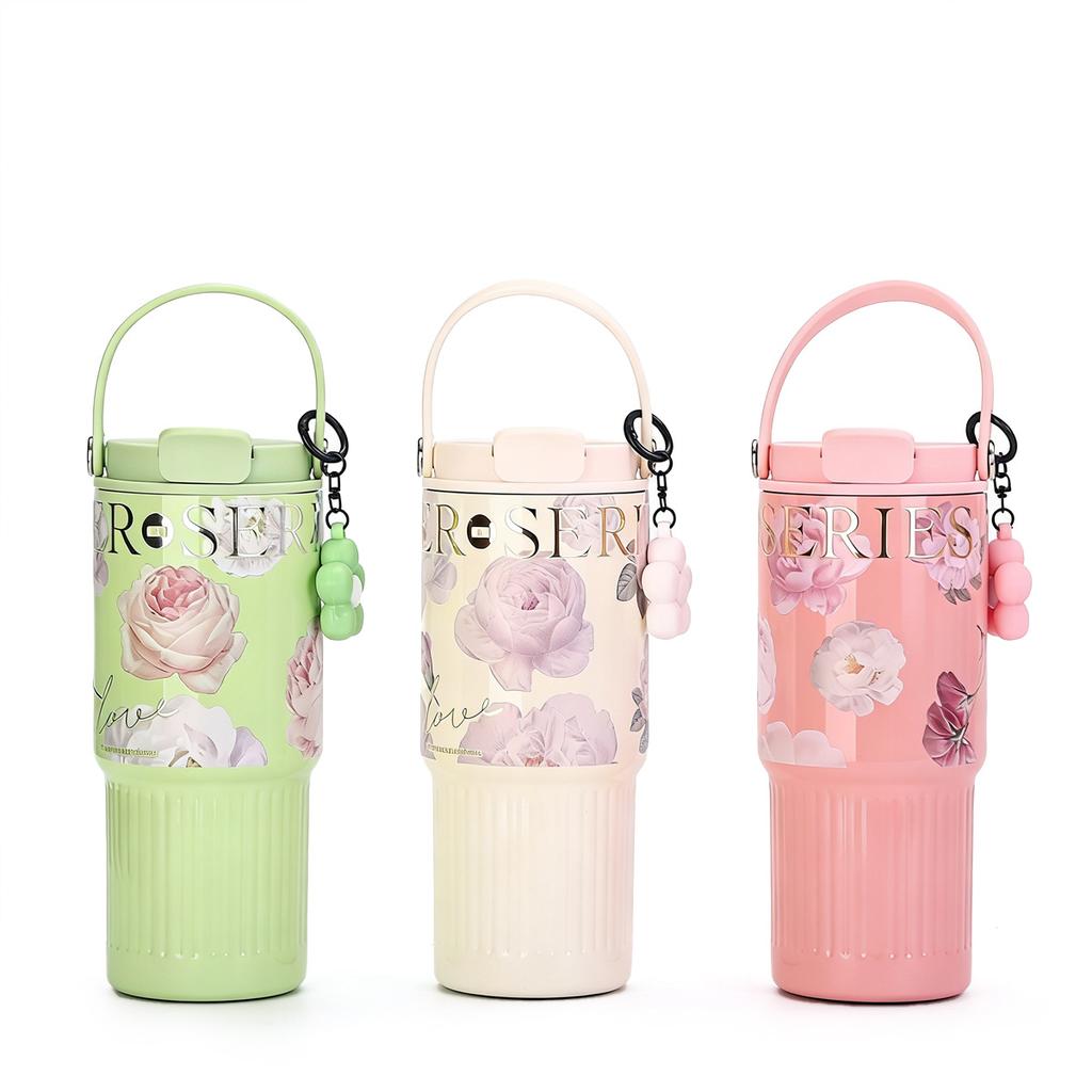 Creative Flower Thermos Cup Stainless Steel Straw Cup Portable Portable Double Drink Car Cup