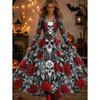 Halloween Long A-Line Dress Vintage Bohemian Style Skull Print V-Neck Full Sleeve Party Wear